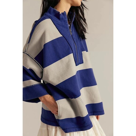 Free People We The Free Seaside Funnel Pullover Top Oversized Striped S 283733 - Picture 3 of 9